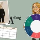 Illustration av kvinna som håller en cirkel med tillgänglighetssymboler. Bredvid syns en tabell, en mening med anfang och en bild på en stående kanin i svarta kläder.