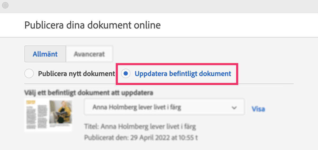 Uppdatera befintligt dokument i Adobe Publish online