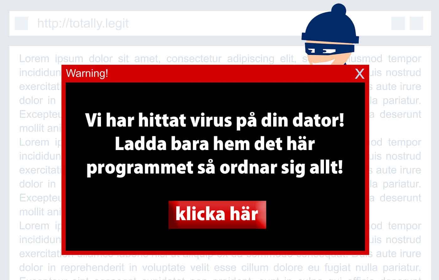 Skärmdump på en annons som säger att datorn har drabbats av virus