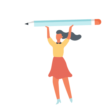 Illustration av en kvinna som håller i en stor penna över huvudet. Glada färger.