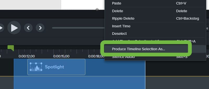 Menyn när du högerklickar i Camtasia på PC