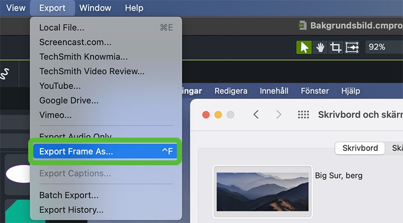 Menyvalet Export Frame As i Camtasia
