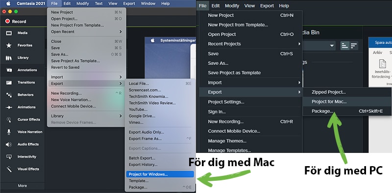 Olika menyval beroende på om du har Mac eller PC