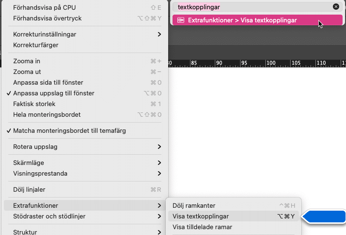 Överblick över meny i Indesign. En blå pil pekar ut funktionen Visa textkopplingar.
