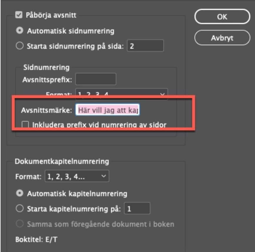 Skärmdump på dialogruta numrerings- och avsnittsalternativ i indesign