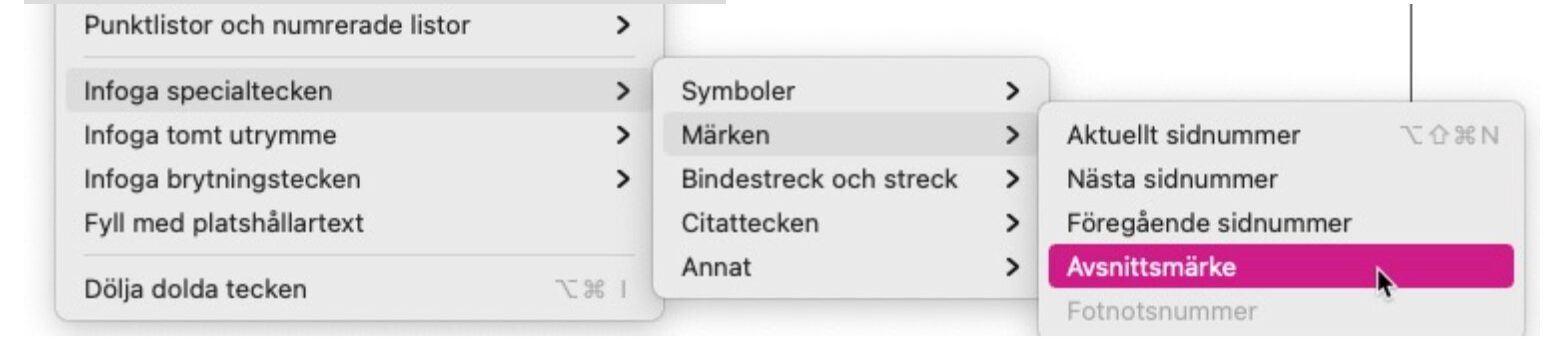 Skärmdump i indesign > infoga specialtecken.