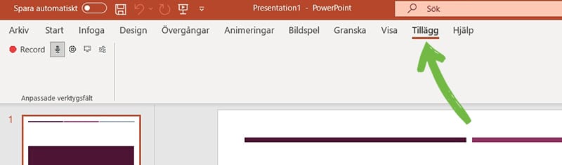 Fliken Tillägg i PowerPoint