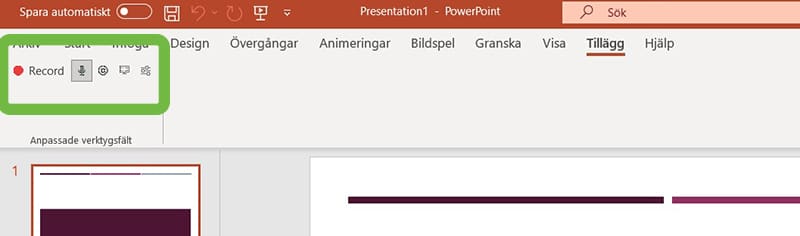 Inställningar i verktygsfältet när du ska spela in en PowerPoint med Camtasia