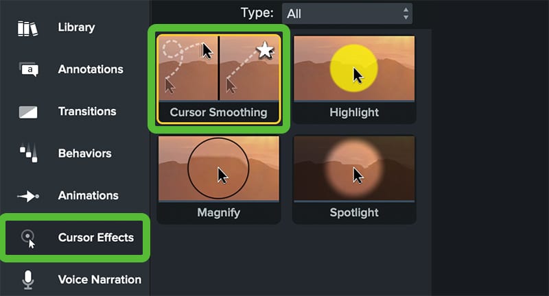 Effekten Cursor smoothing i Camtasia