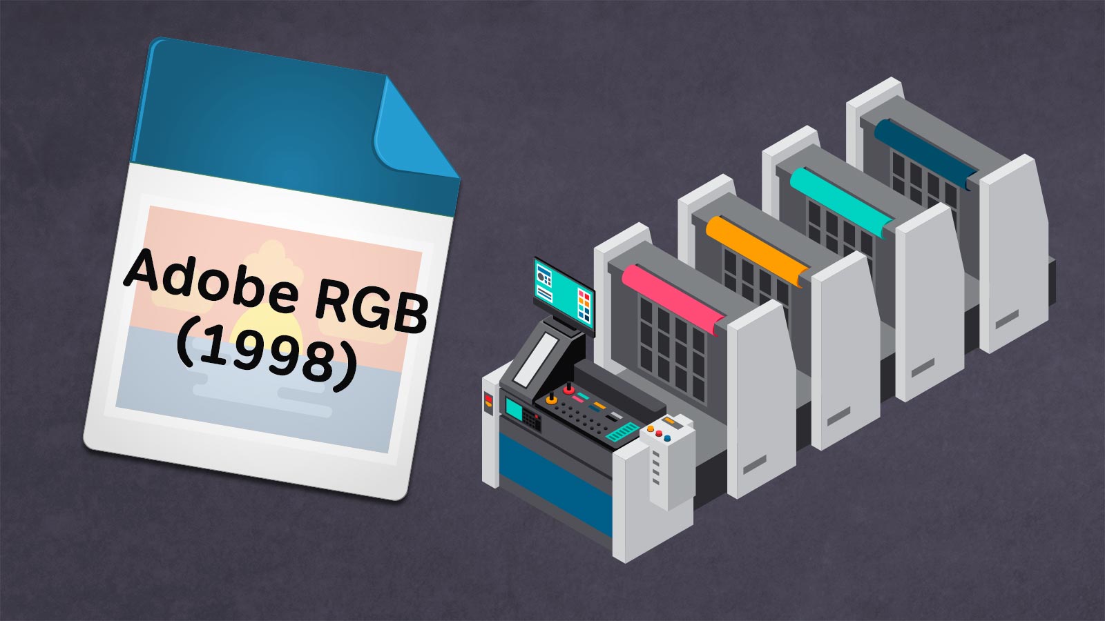Grafik som visar en fil med texten Adobe RGB (1998) skickas till en tryckpress
