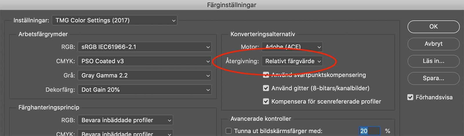 Dialogrutan med färginställningar i Photoshop