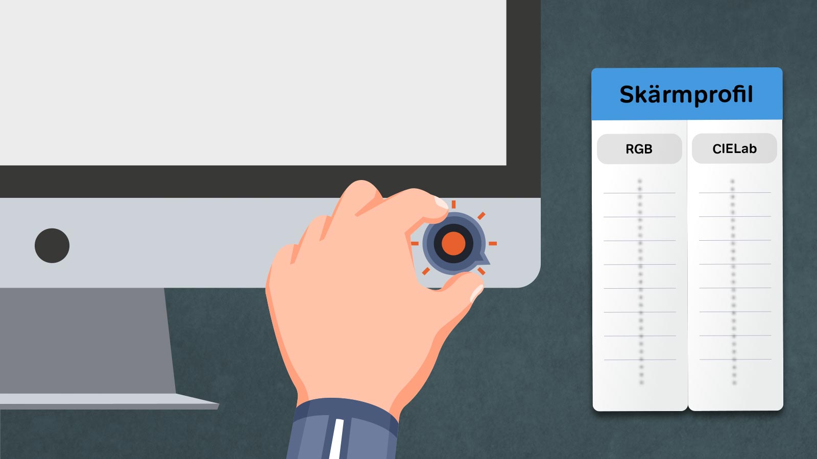 Hand skruvar på en skärmknapp, intill syns en färgprofil