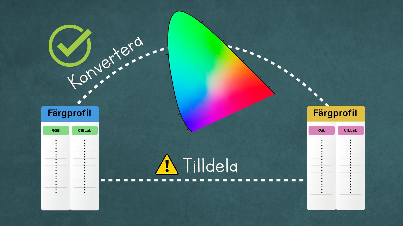 Grafik som symboliserar skillnaden mellan att konvertera och tilldela färgprofil