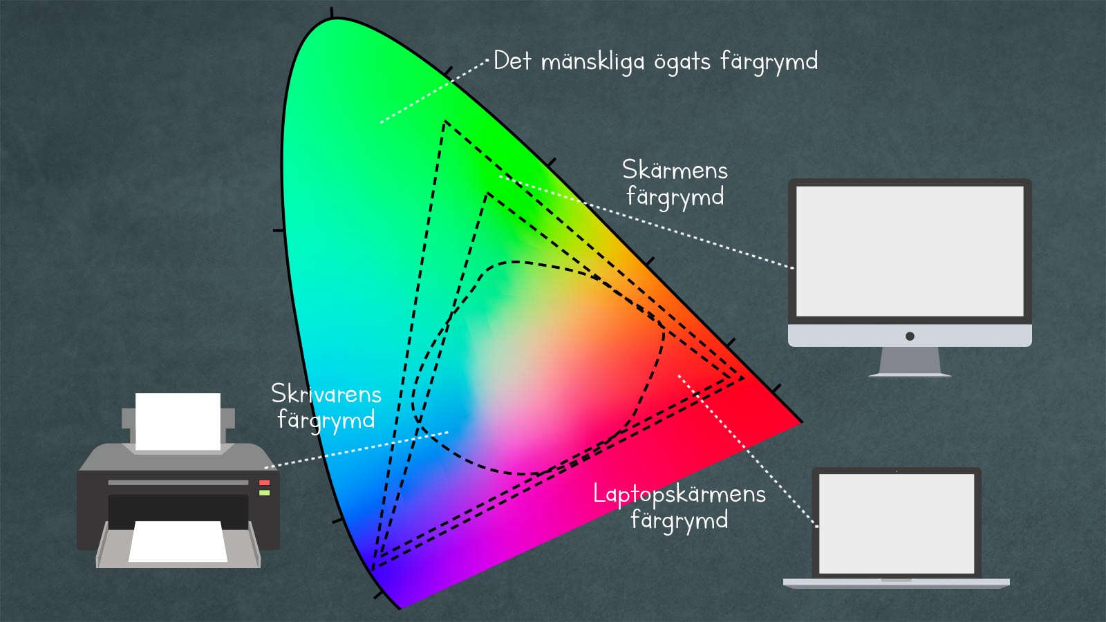 Olika enheters färgrymder är markerade inuti det mänskliga ögats färgrymd