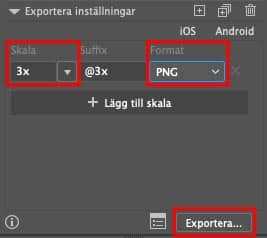 Skärmdump resursexport inställningar