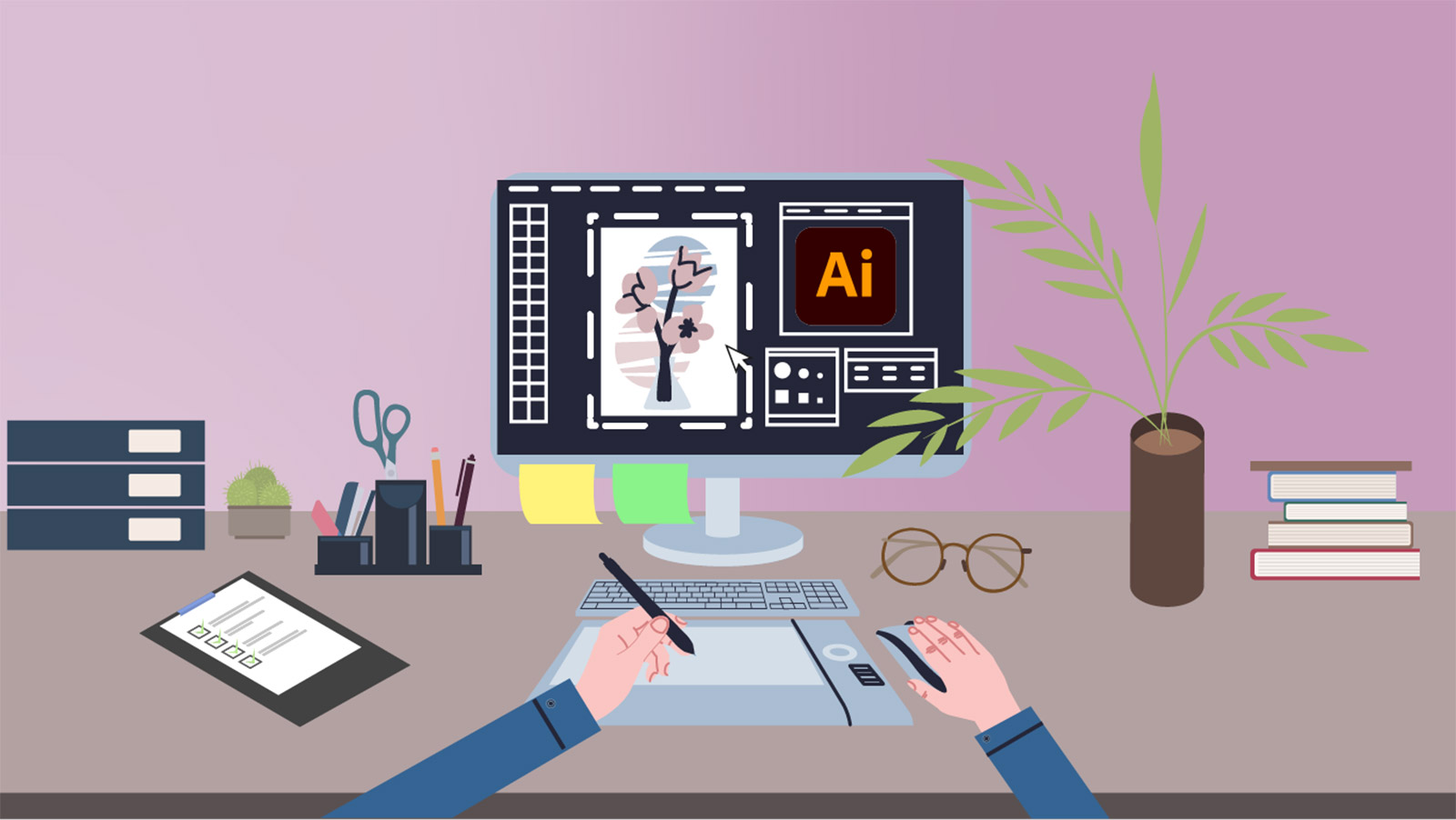 Vektorillustration på stationär dator med händer som illustrerar i Adobe Illustrator