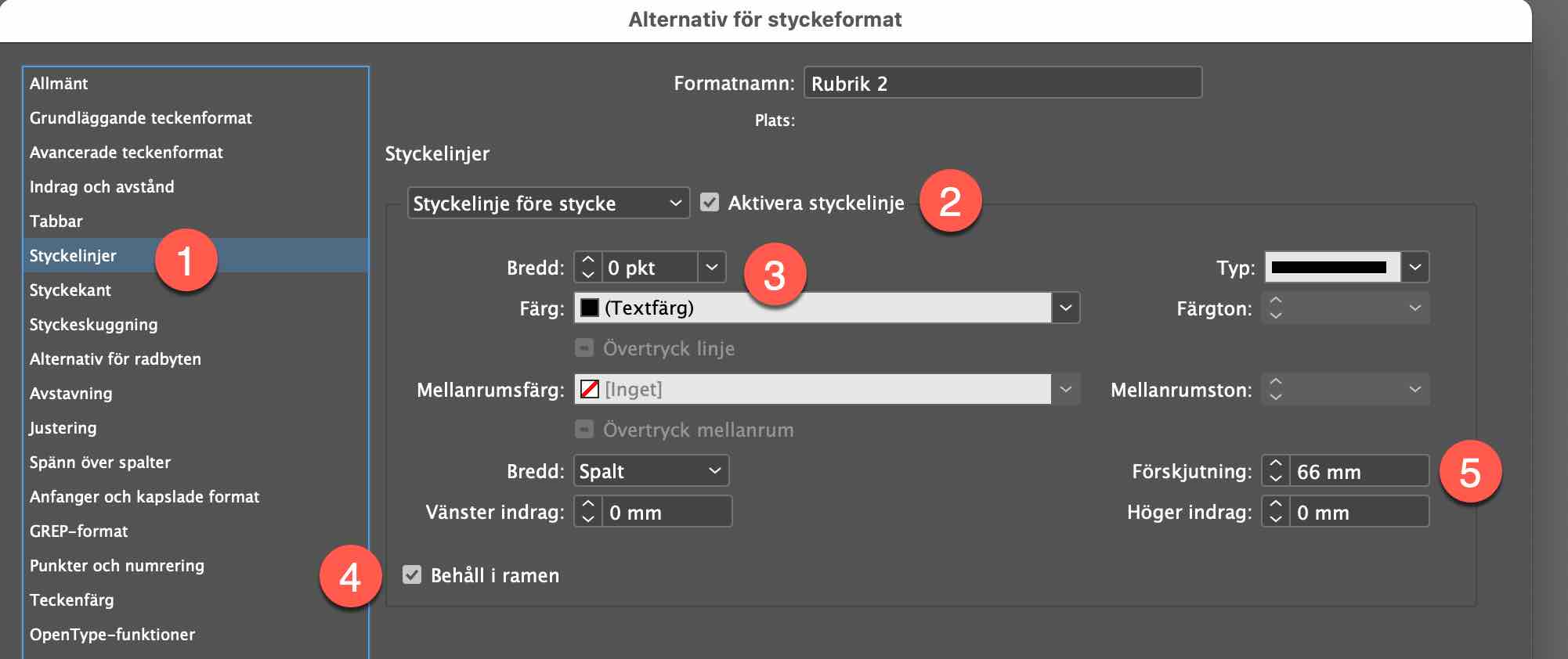 Skärmdump av inställningarna för styckelinje i Indesign