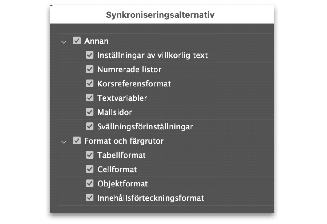 Synkroniseringsalternativen i InDesign