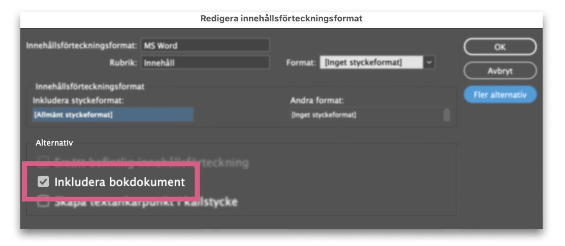 Inställningar för innehållsförteckning i InDesign