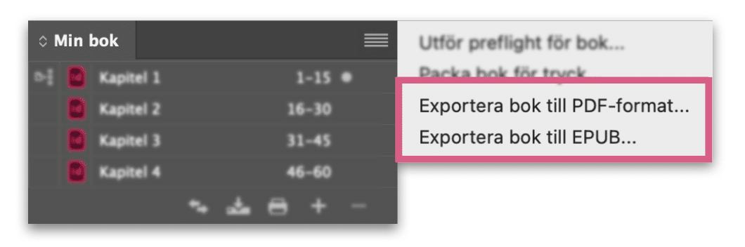 Bokpanelens meny i Indesign