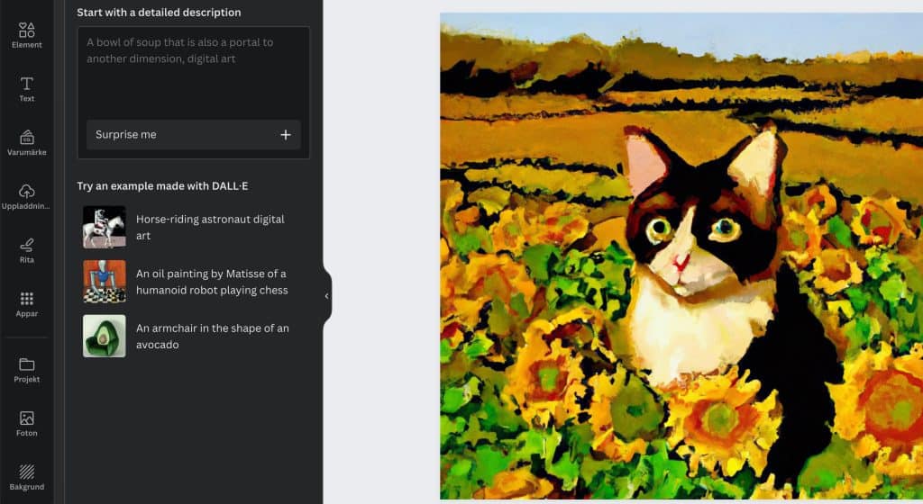 Skärmavbild från tjänsten Canva där AI genererat en bild av en katt i ett solrosfält, till vänster finns fältet där du skriver din prompt.