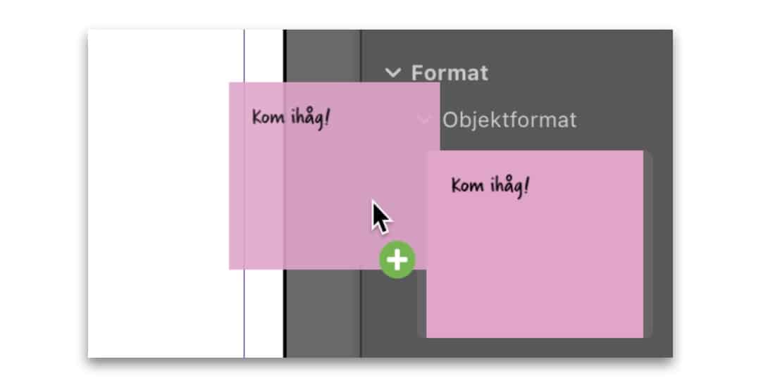 Skärmdump där minneslapp dras ut från biblioteket och ut på dokumentytan