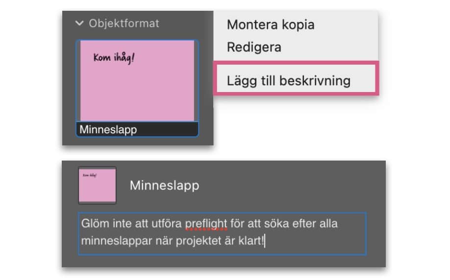 Skärmdump på beskrivning av objekt i biblioteket