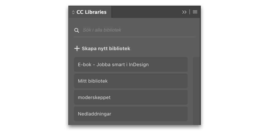 Skärmdump på CC Libraries-panelen i InDesign
