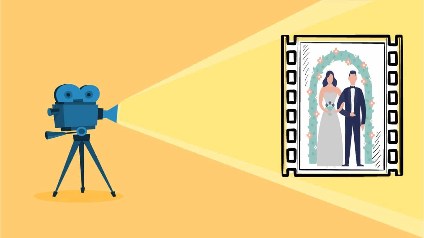 Vektorillustration filmkamera riktad mot en tavla utan bakgrund och med ett bröllopspar i
