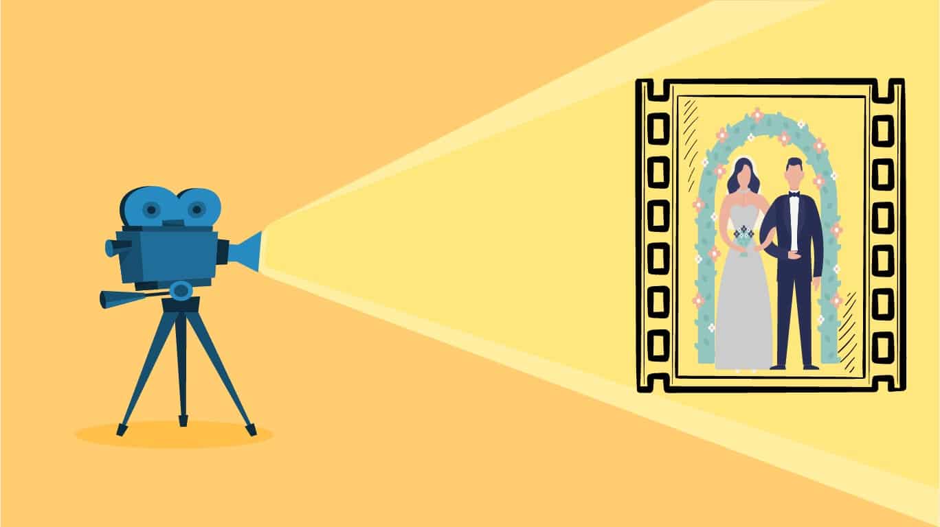 Vektorillustration filmkamera riktad mot en tavla utan bakgrund och med ett bröllopspar i