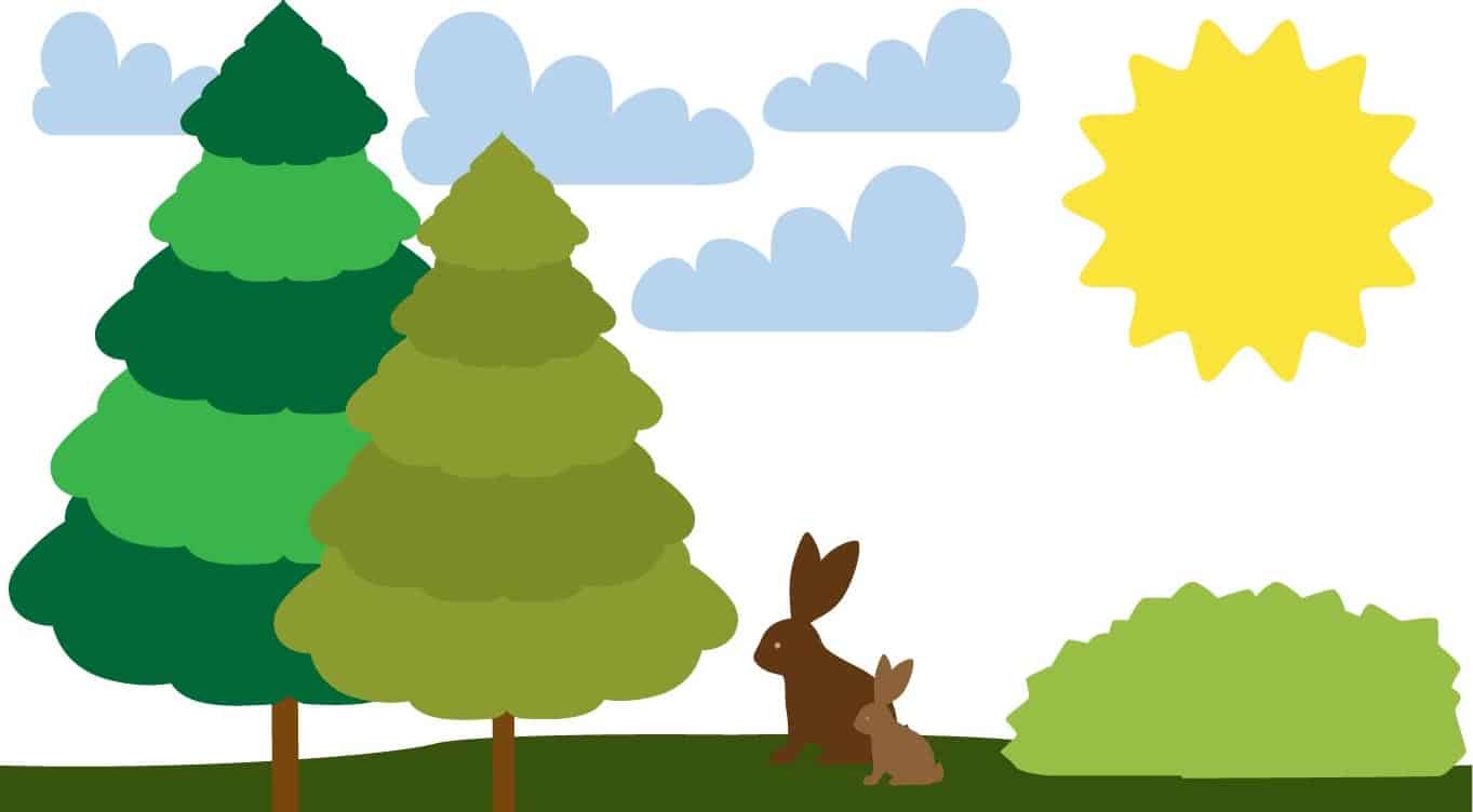 Vektorillustration med skog, kaniner, moln och sol gjord med plumppensen.