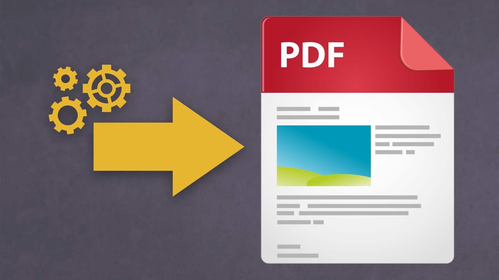 En gul pil med kugghjul intill pekar mot grafik som symboliserar en pdf-fil