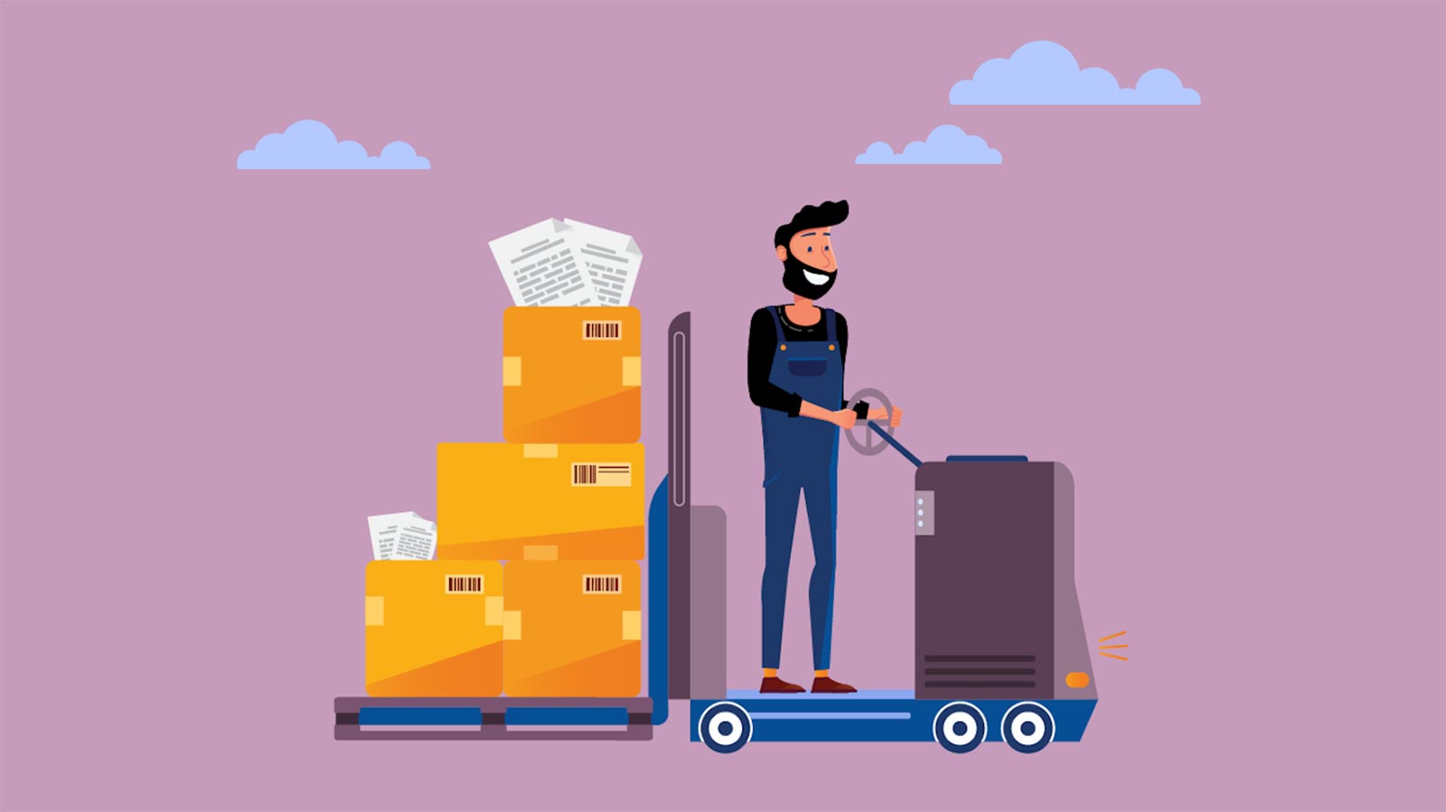 Vektorillustration på en gubbe som transporterar med lådor innehållande dokument