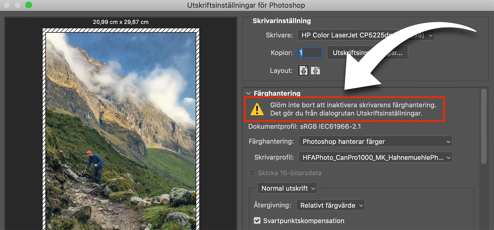 Photoshops dialogruta för skriv ut. En varning om färghantering är inringad.