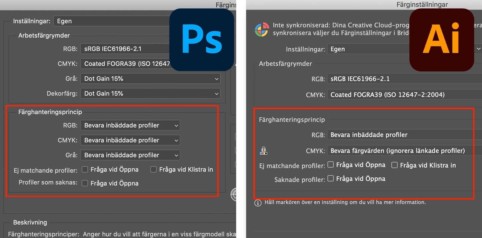 Dialogrutor för färginställningar i Photoshop och Illustrator