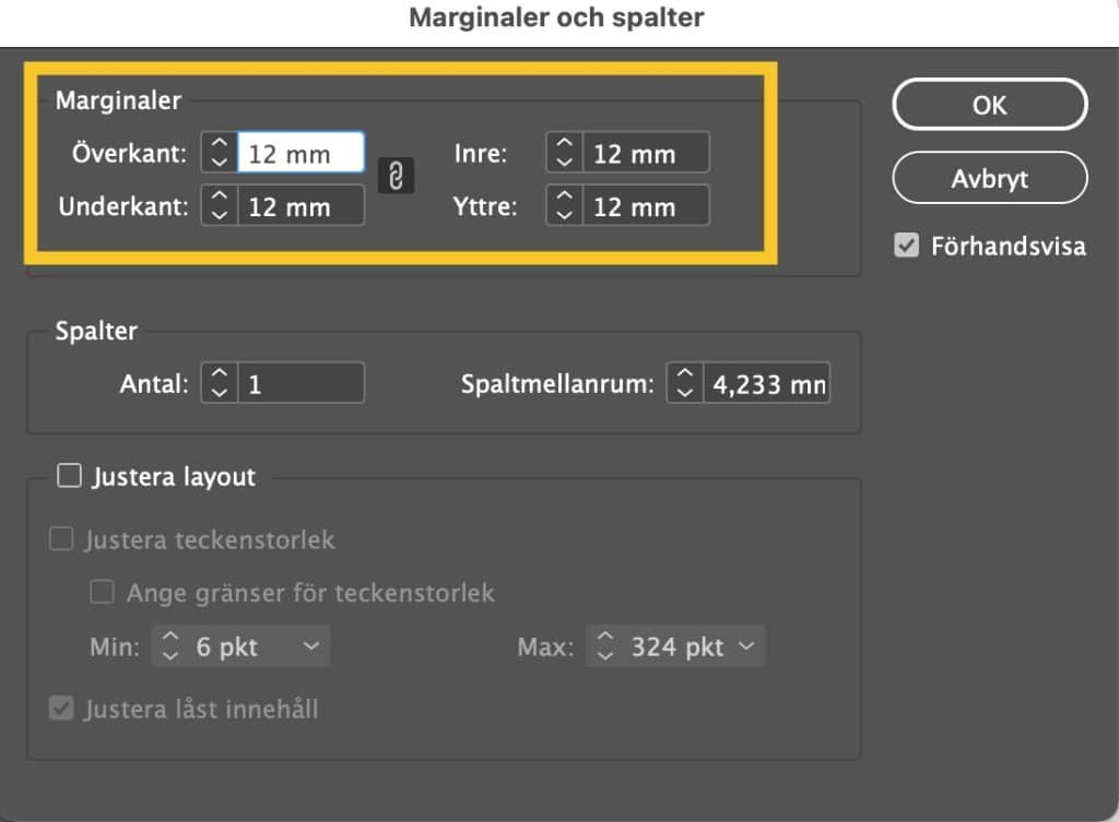 I InDesign ändrar du dokumentets marginalr under marginaler och spalter