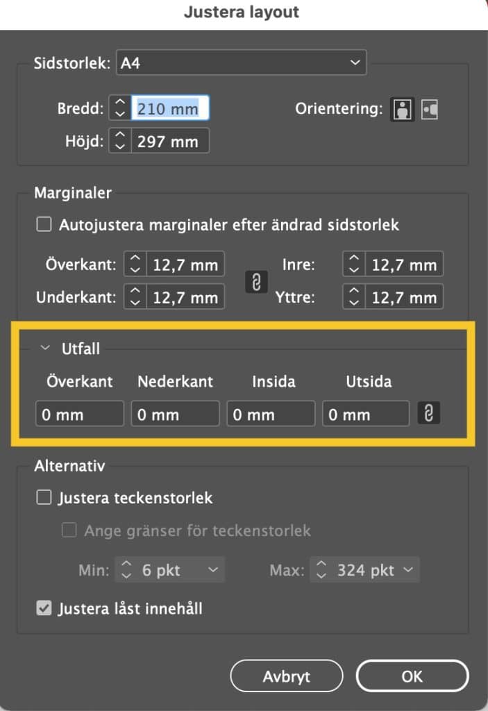 I InDesign och under justera layout ändrar du dokumentets utfall