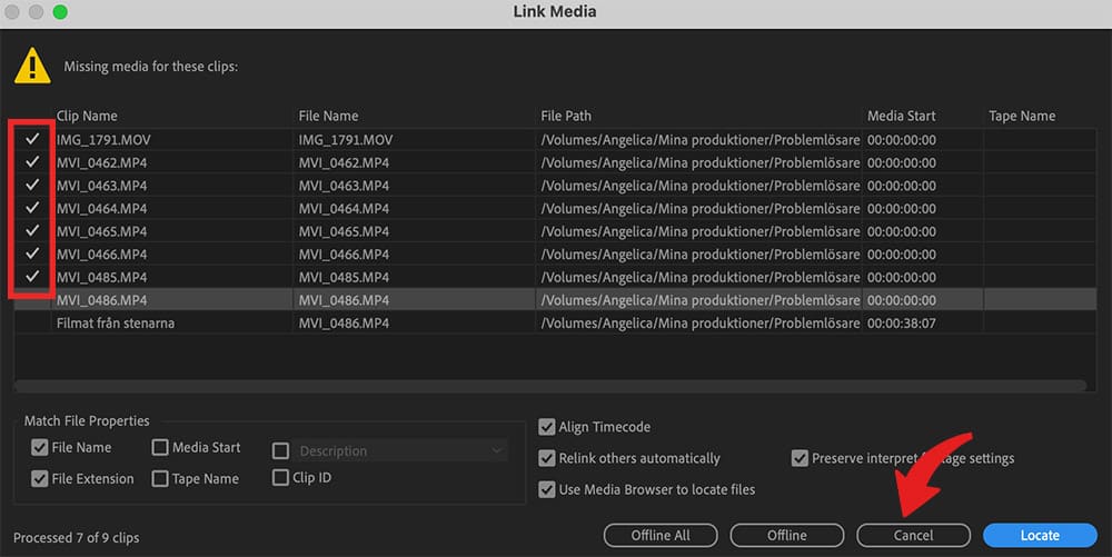 Hitta filer som saknas i Premiere Pro