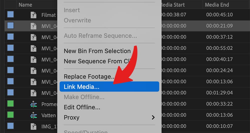 Länka om saknade filer i Premiere Pro