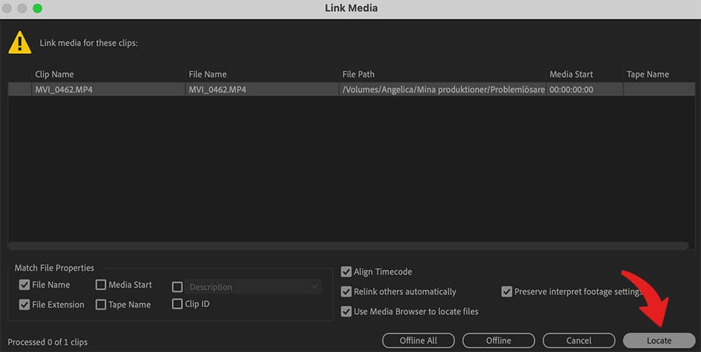 Hitta saknade filer i Premiere Pro