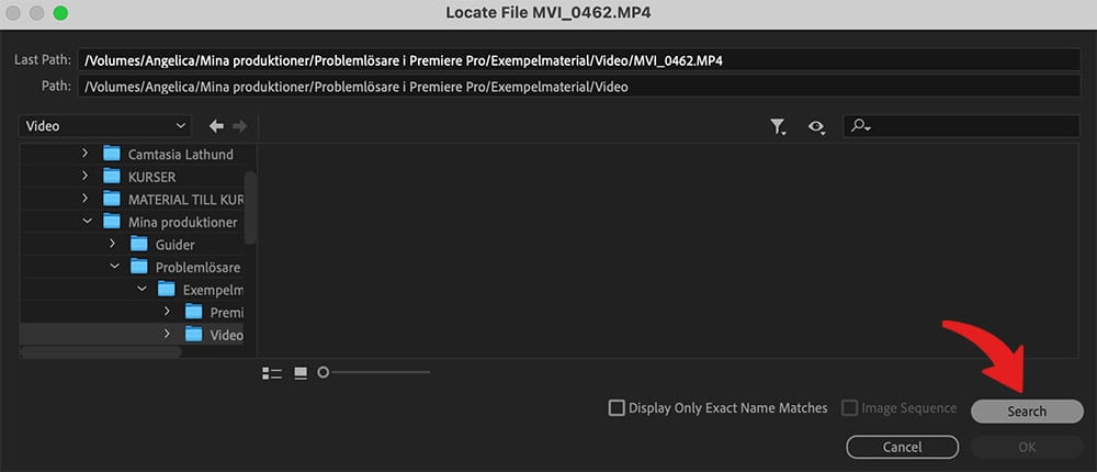 Leta efter saknade filer i Premiere Pro