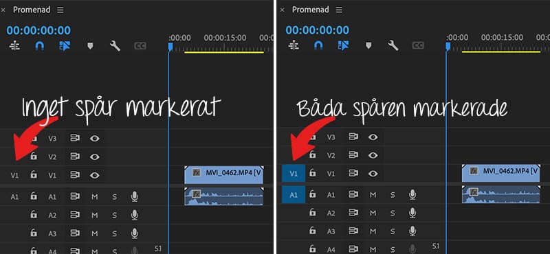 Aktiverade och oaktiverade ljud- och bildspår i Premiere Pro