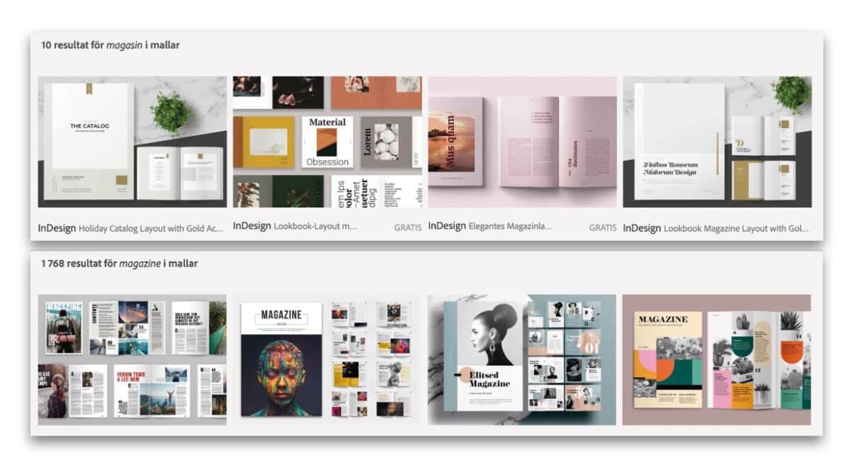 Skärmdump från Adobe stock. Sökresultatet för magasin är 10, sökresultatet för magazine är 1768.