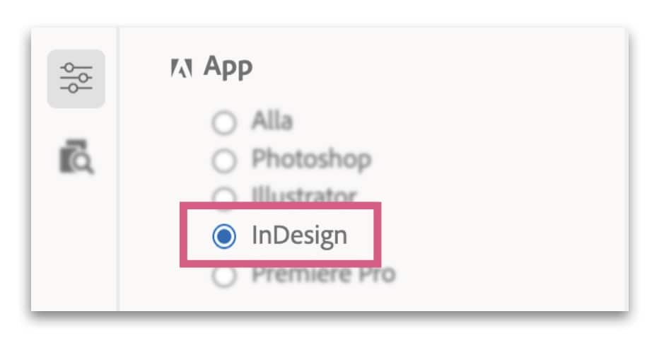 Skärmdump från Adobe Stock. Alternativet Indesign är markerat under menyn App