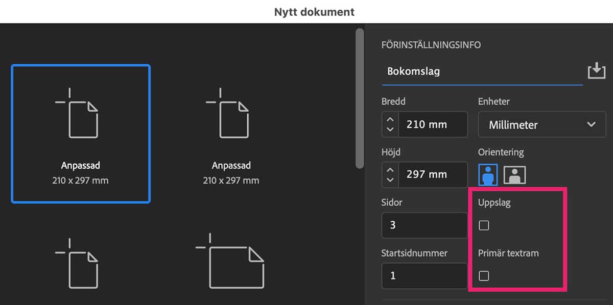 Nytt dokument-rutan i InDesign