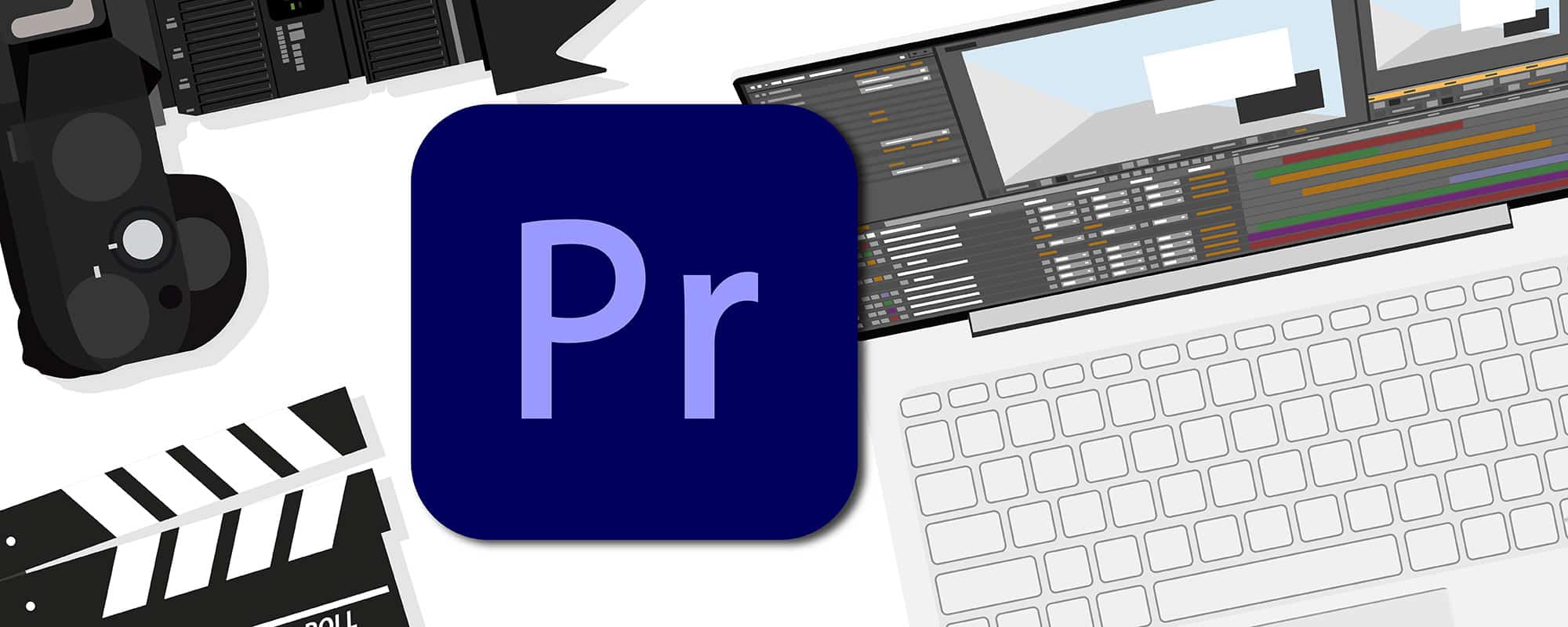 Premiere Pro-loggan mot en bakgrund med en dator och en kamera
