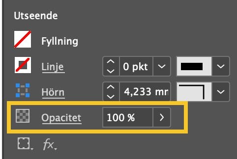 Bilden visar opacitetsreglaget under egenskapspanelen i InDesign