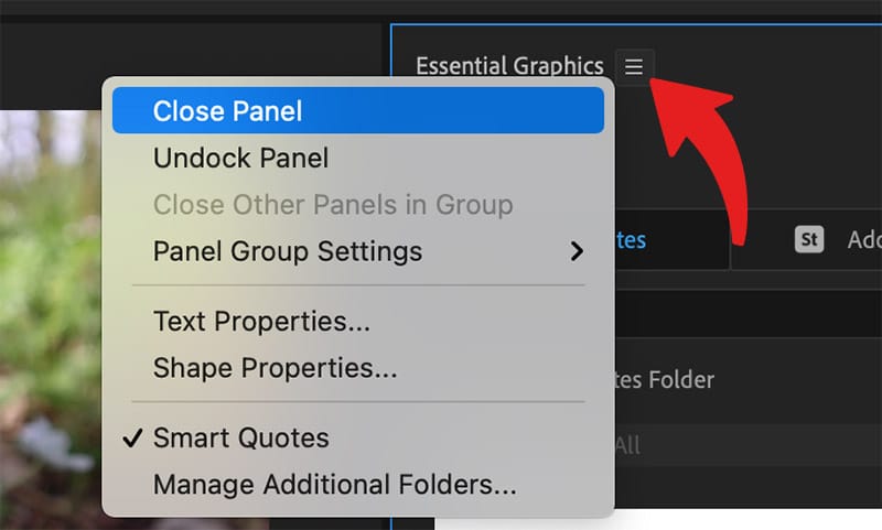 En skärmbild som visar hur du gömmer undan en panel i Premiere Pro