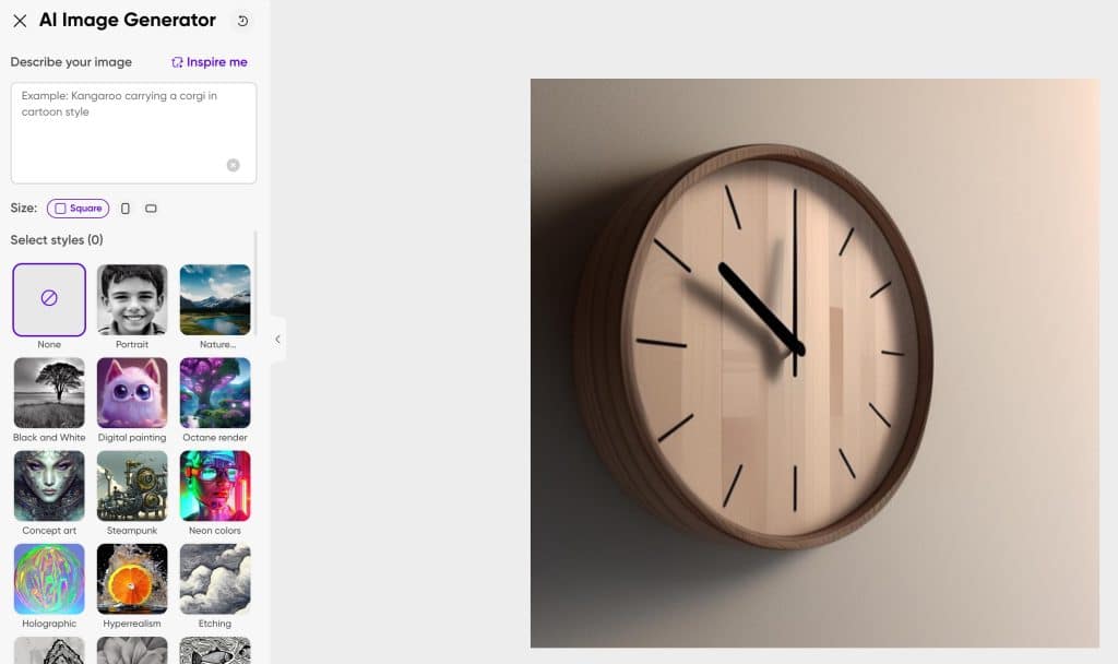 Skärmavbild från tjänsten Picsart, en bild på en AI-genererad väggklocka och till vänster finns menyn för generera bilder och välja stil.