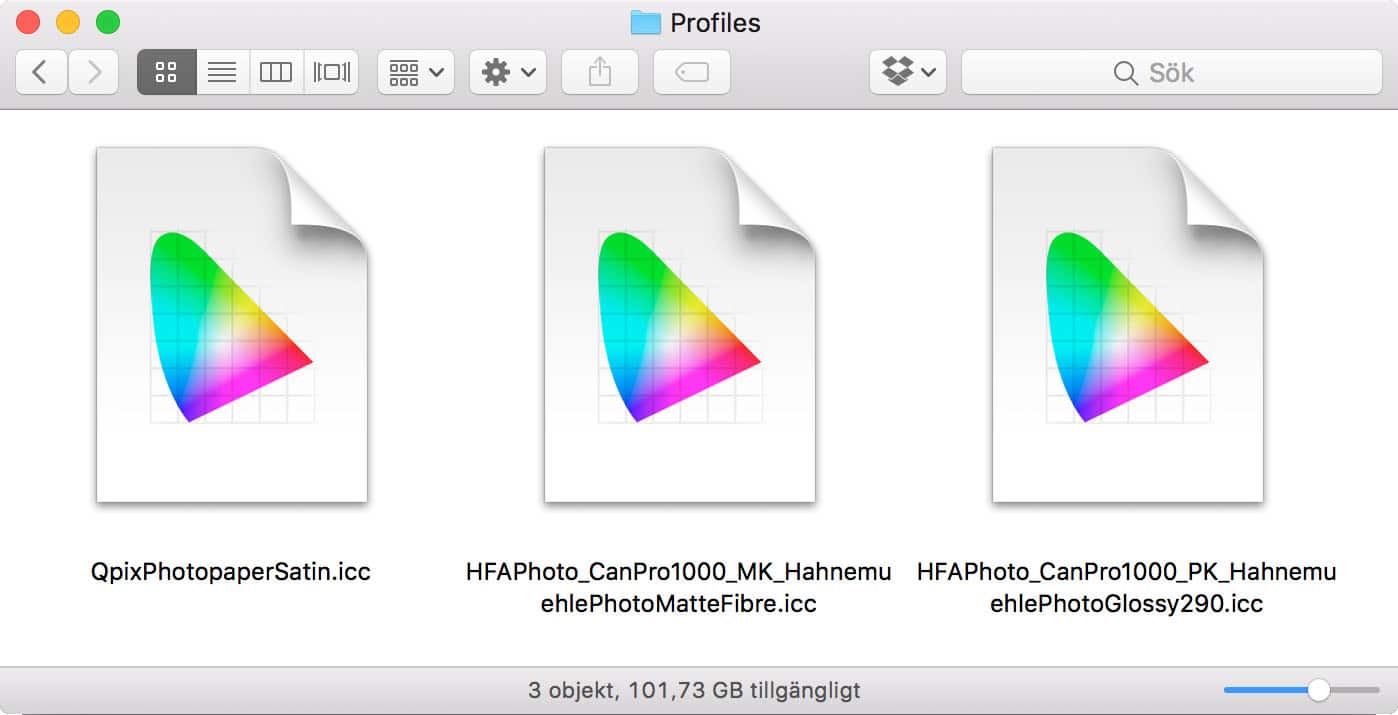 Tre färgprofil-filer visas i en dators filutforskare
